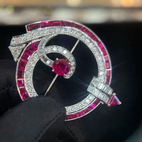 Art Deco No Heat Burma Ruby and Diamond Brooch