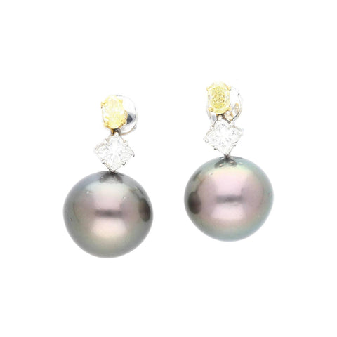 Black Pearl with Fancy Yellow & White Lily Cut Diamond Drop Earrings