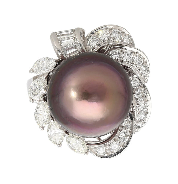 Black South Sea Pearl & Diamond 18K White Gold Floral Cluster Ring