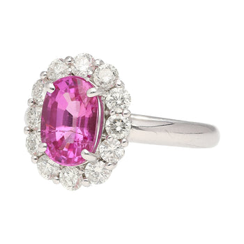 CGTL Certified 3.96 Carat Oval Cut Pink Sapphire and Diamond Halo Ring in 18k White Gold – Assay Jewelers