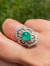 Cabochon Cut Natural Emerald Ring in Art Deco inspired Vintage White Gold Setting