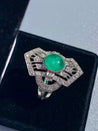 Cabochon Cut Natural Emerald Ring in Art Deco inspired Vintage White Gold Setting