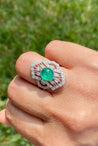 Cabochon Cut Natural Emerald Ring in Art Deco inspired Vintage White Gold Setting