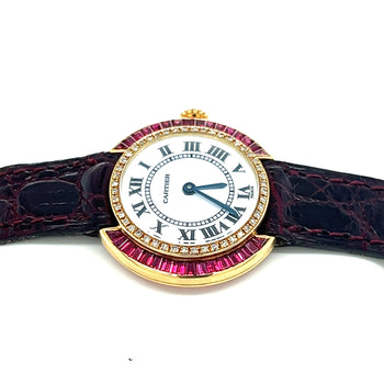 Cartier Paris 18K Gold and Leather 28MM Manual Wind Baguette Ruby and Diamond Watch – Assay Jewelers