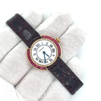 Cartier Paris 18K Gold and Leather 28MM Manual Wind Baguette Ruby and Diamond Watch – Assay Jewelers