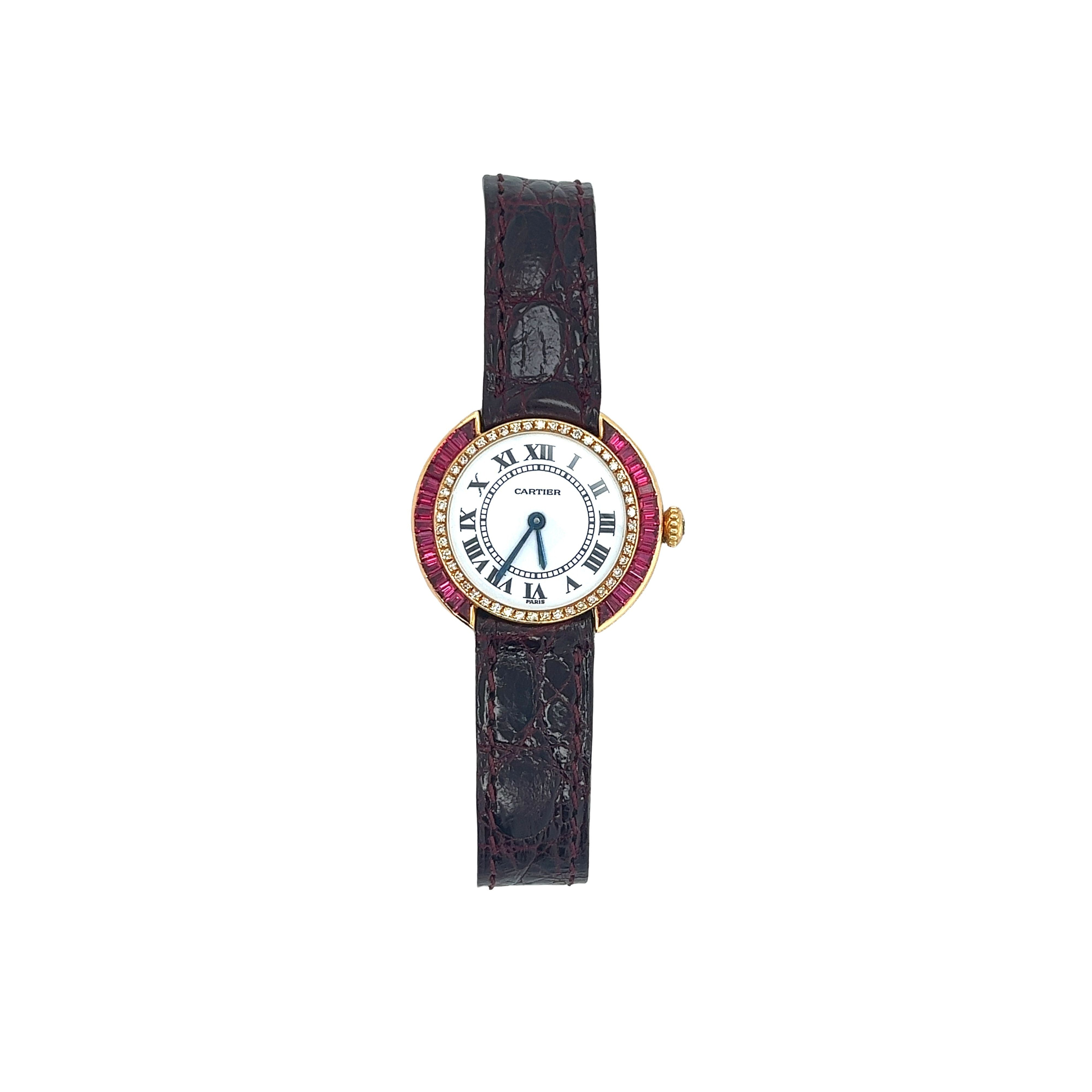 Cartier Paris 18K Gold and Leather 28MM Manual Wind Baguette Ruby and Diamond Watch-Watches-ASSAY