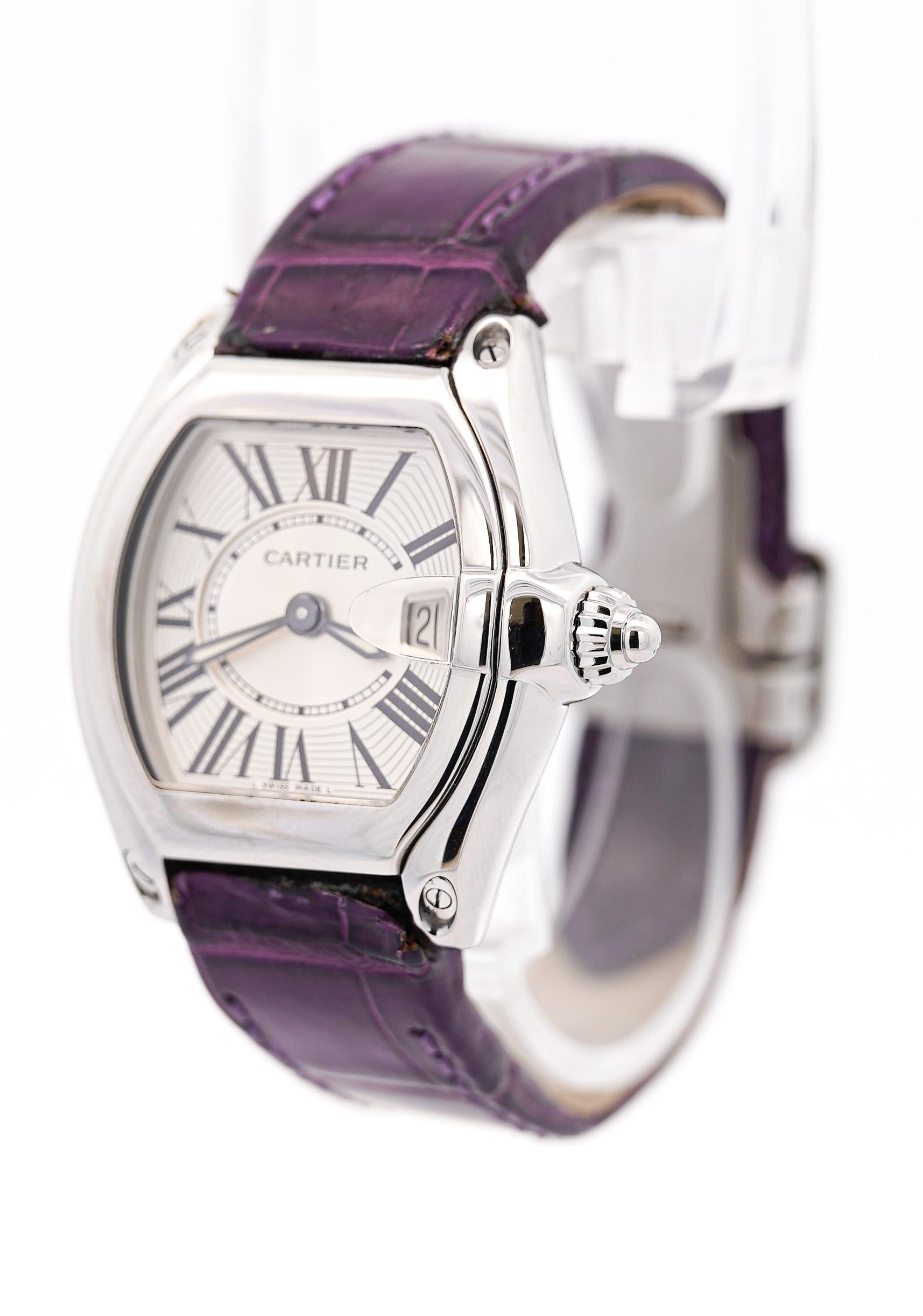 Cartier Roadster 31mm Ref. 2875 Purple Purple Leather Strap Steel Watch