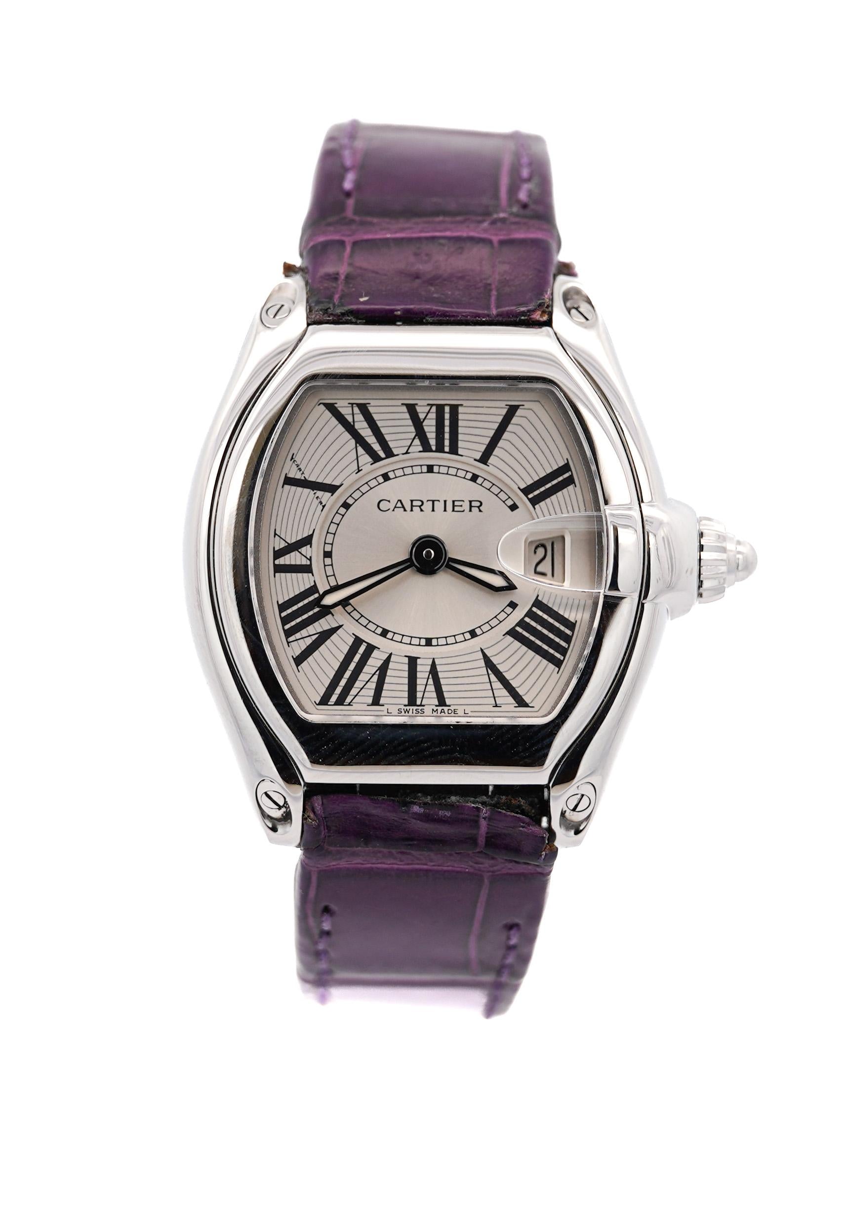 Cartier Roadster 31mm Ref. 2875 Purple Purple Leather Strap Steel Watch