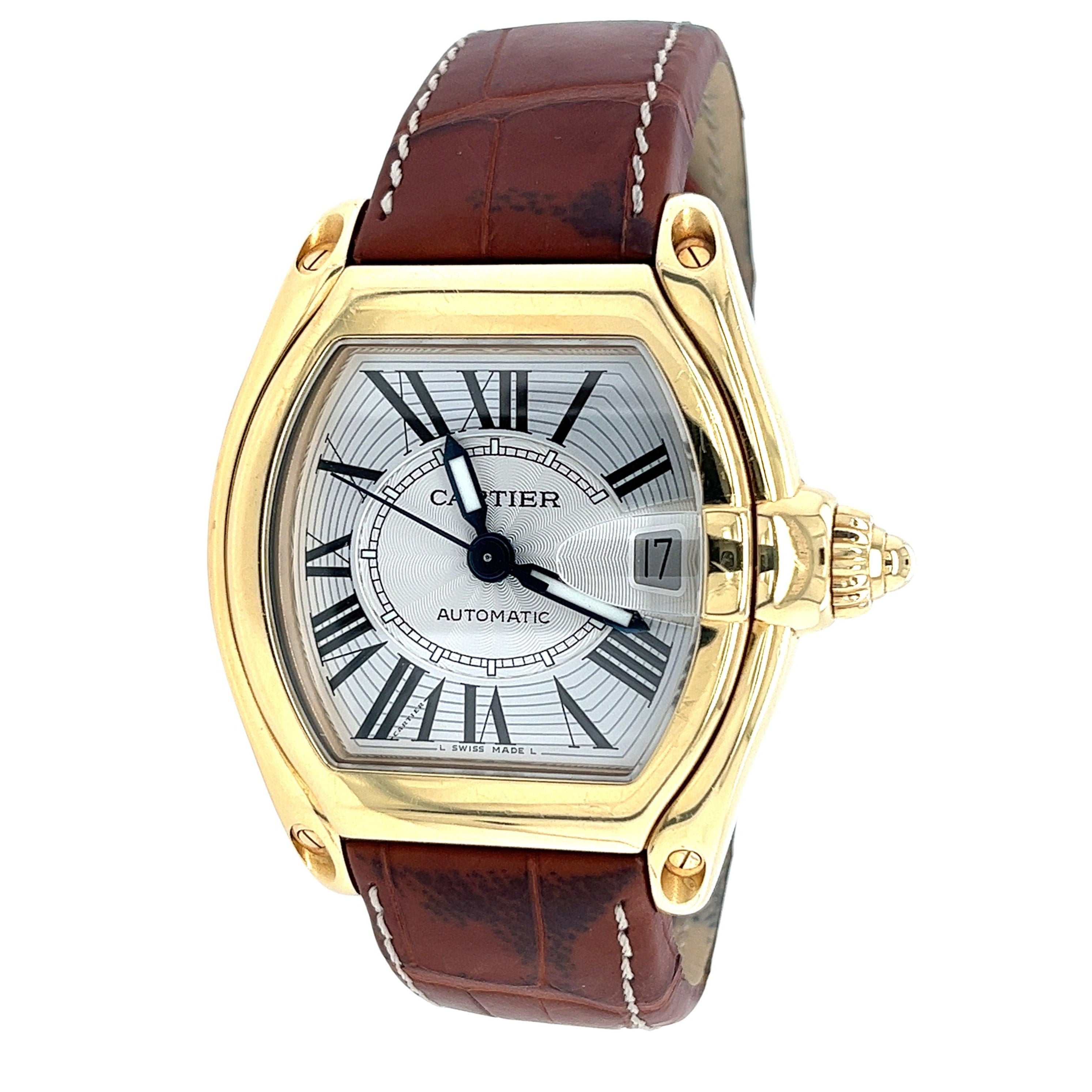 Cartier Roadster Ref. 2524 Men's Tonneau Large Size 18K Gold Watch in Leather with Box and Papers-Watches-ASSAY