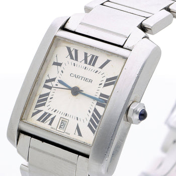 Cartier Tank Francaise 2302 Large Steel Guilloche Roman Dial Blue Hands Watch – Assay Jewelers