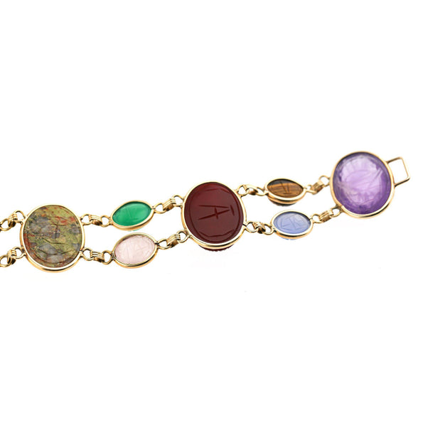 Carved Scarab Beetle 14K Gold Multicolor Hardstone Egyptian Revival Bracelet