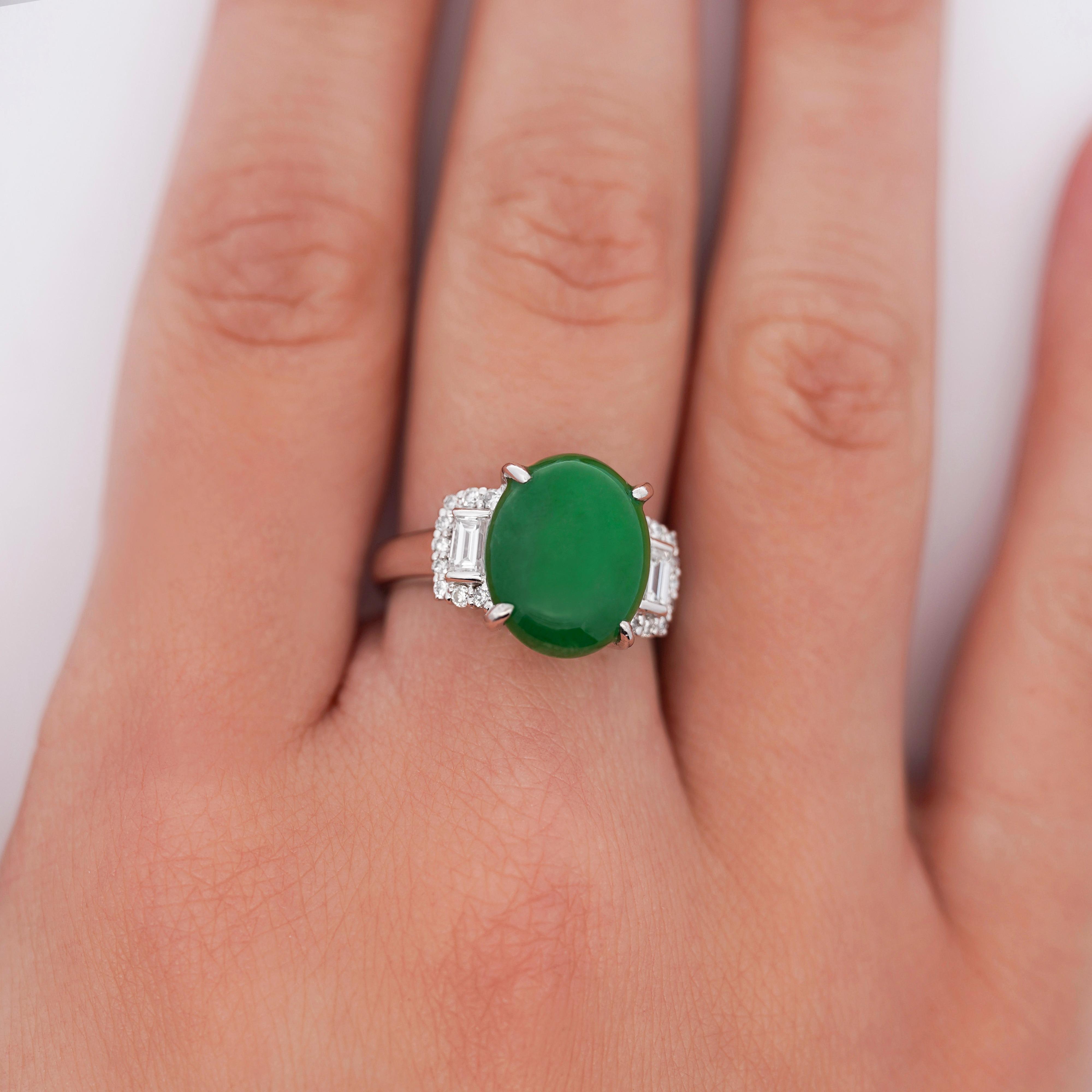 Certified 5.80 Carat Natural Jadeite Jade and Baguette Diamond Platinum Ring