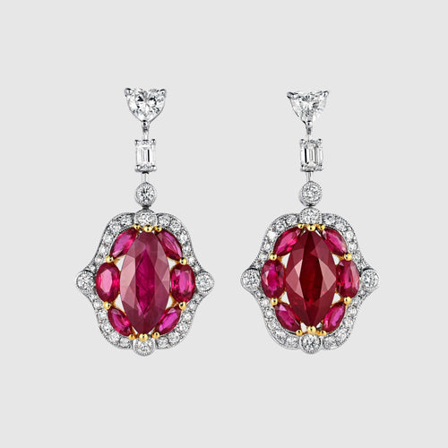 Certified 9.47 Carat Burma Ruby & Diamond Milgrain Chandelier Drop Earrings
