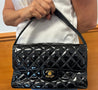 Chanel 1996 Black Patent Quilted Medium Double Charm CC 24K Flap Handbag Purse-Handbag-ASSAY