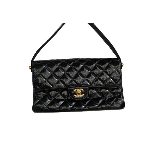 Chanel 1996 Black Patent Quilted Medium Double Charm CC 24K Flap Handbag Purse