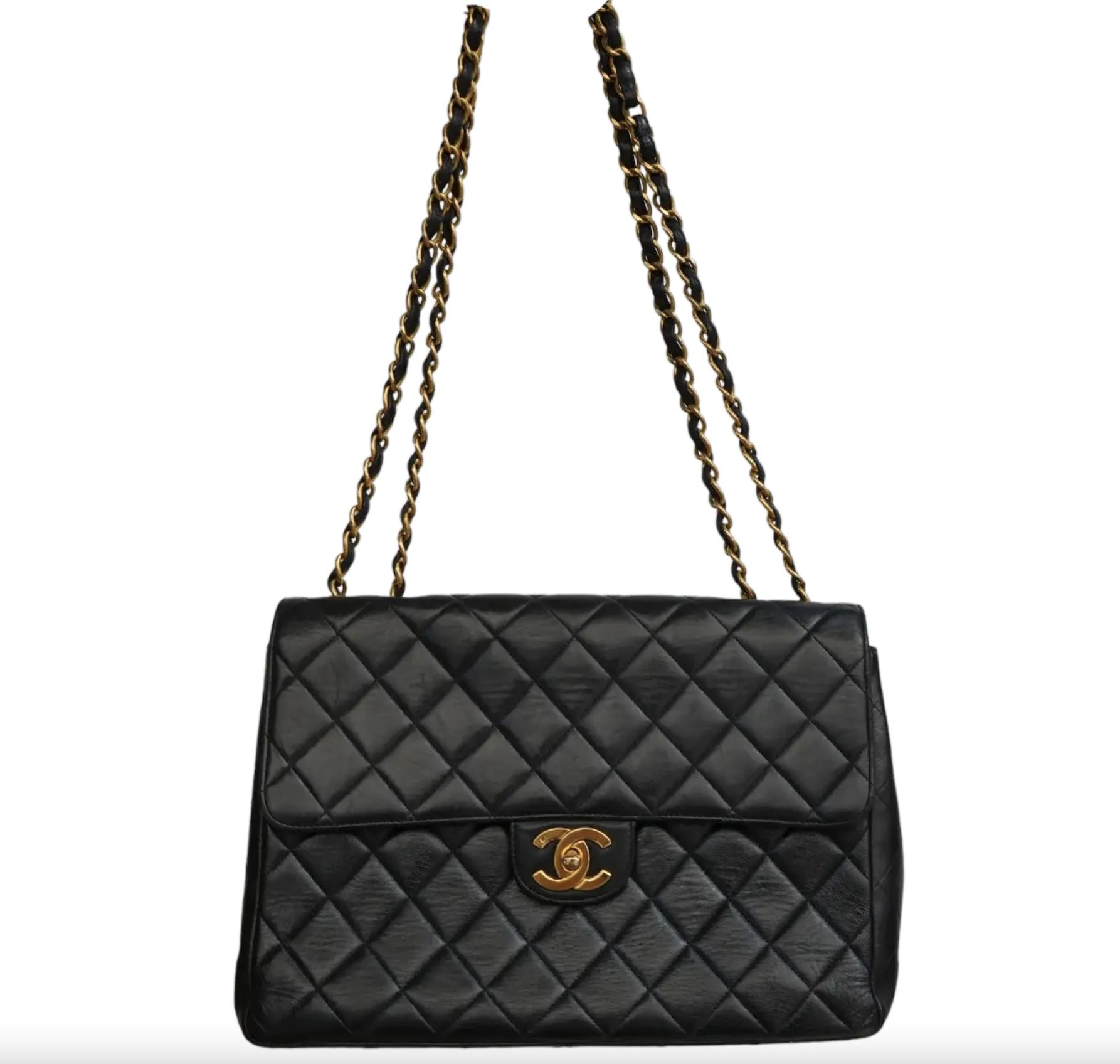Chanel Vintage Jumbo Black Quilted Lambskin Charm "CC" 24K Tassel Handbag Purse