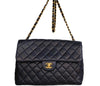 Chanel Vintage Jumbo Single Shoulder Flap Dark Blue Quilted Lambskin Charm Purse