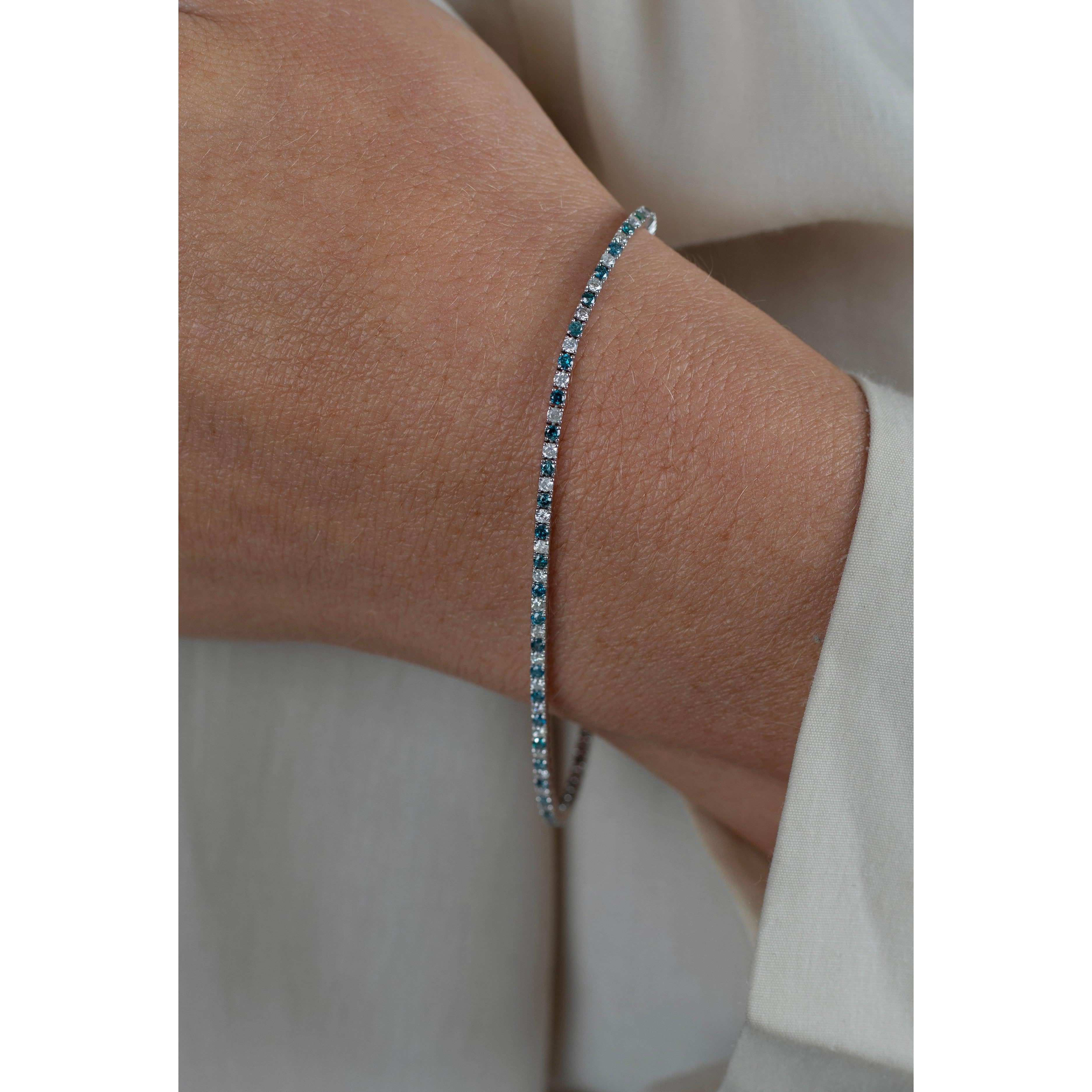 Classic Riviera Natural Blue & White Diamond Box Tennis Bracelet in 18K White Gold | 7.25" - 1.7mm-Bracelet-ASSAY