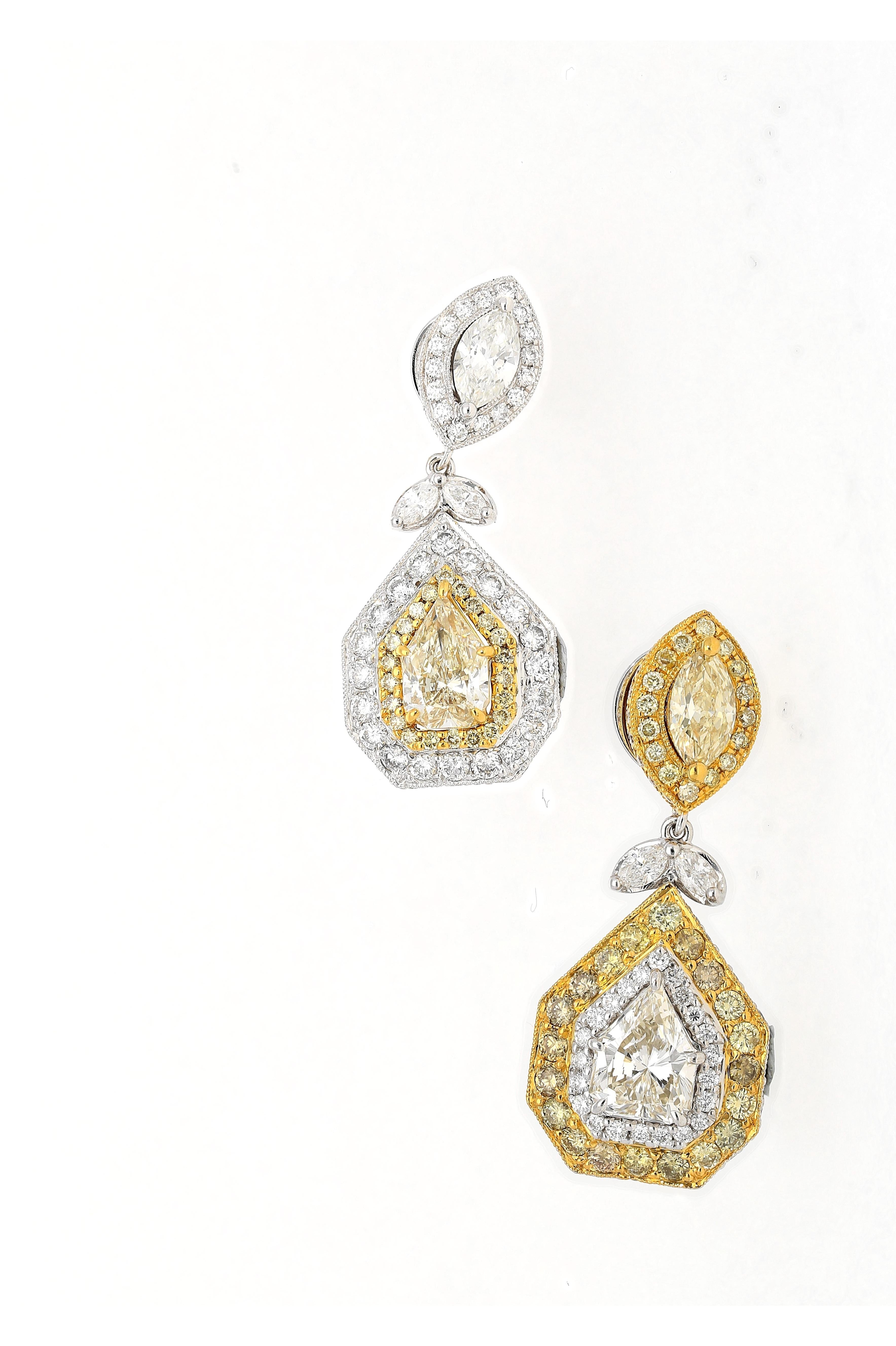 EGL Certified 5.68 Carat Multi Cut White & Yellow Diamond Inverse Dangle Earring