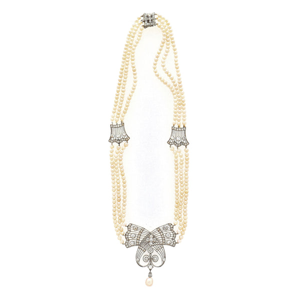 Edwardian GIA Certified Saltwater Pearl & Old Euro Cut Diamond Necklace