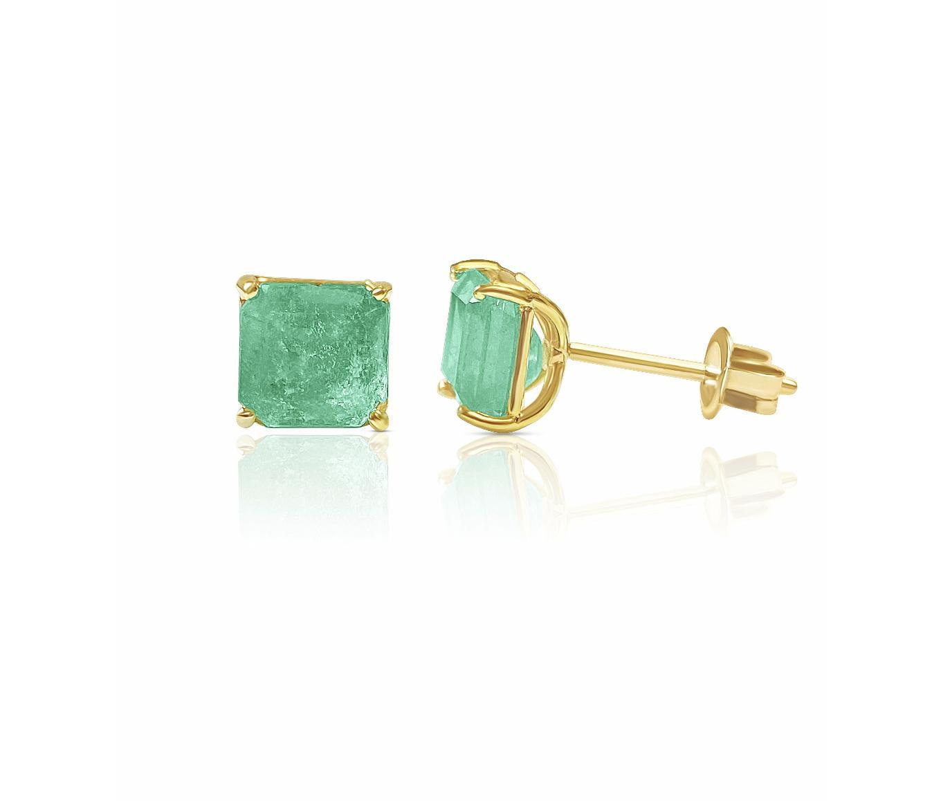 Emerald Cut Natural Emerald Stud Earrings in 18k Solid Yellow Gold