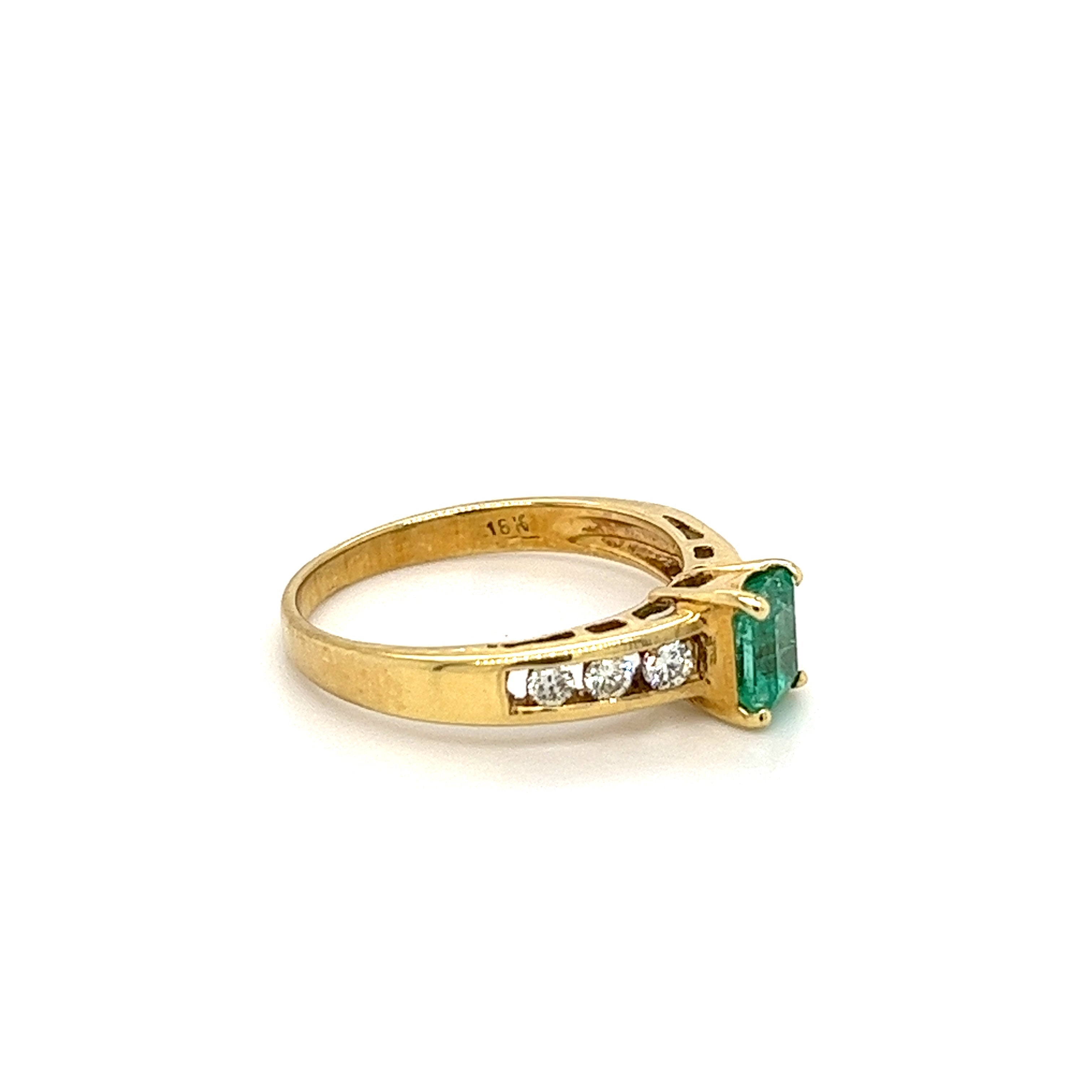 Emerald Cut Natural Emerald and Channel Set Diamond in 18k Yellow Gold Ring - Rings