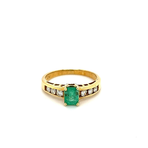 Emerald Cut Natural Emerald and Channel Set Diamond in 18k Yellow Gold Ring