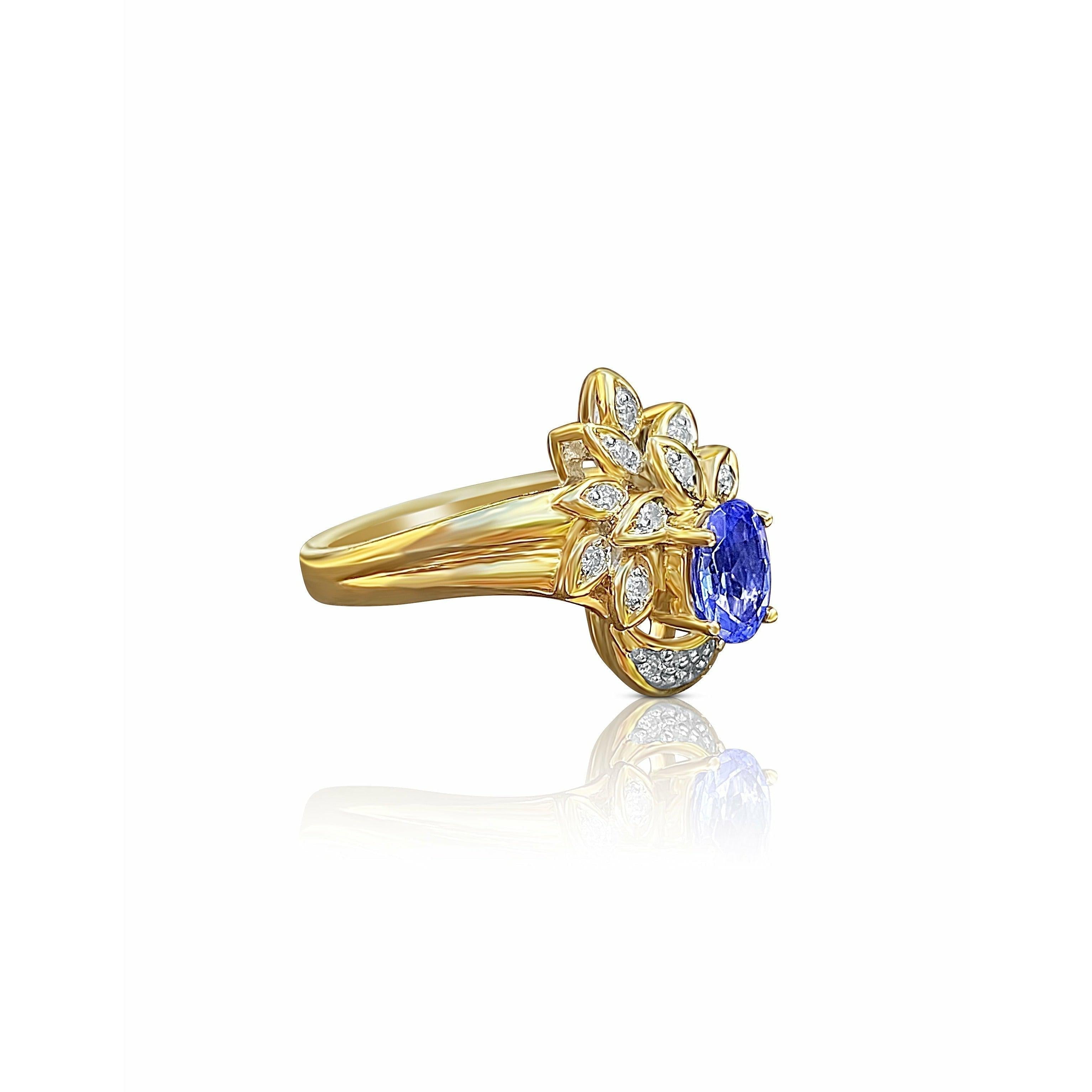 Floral Style Blue Dominant Tanzanite Ring in 14k Yellow Gold and Diamond Ring - ASSAY