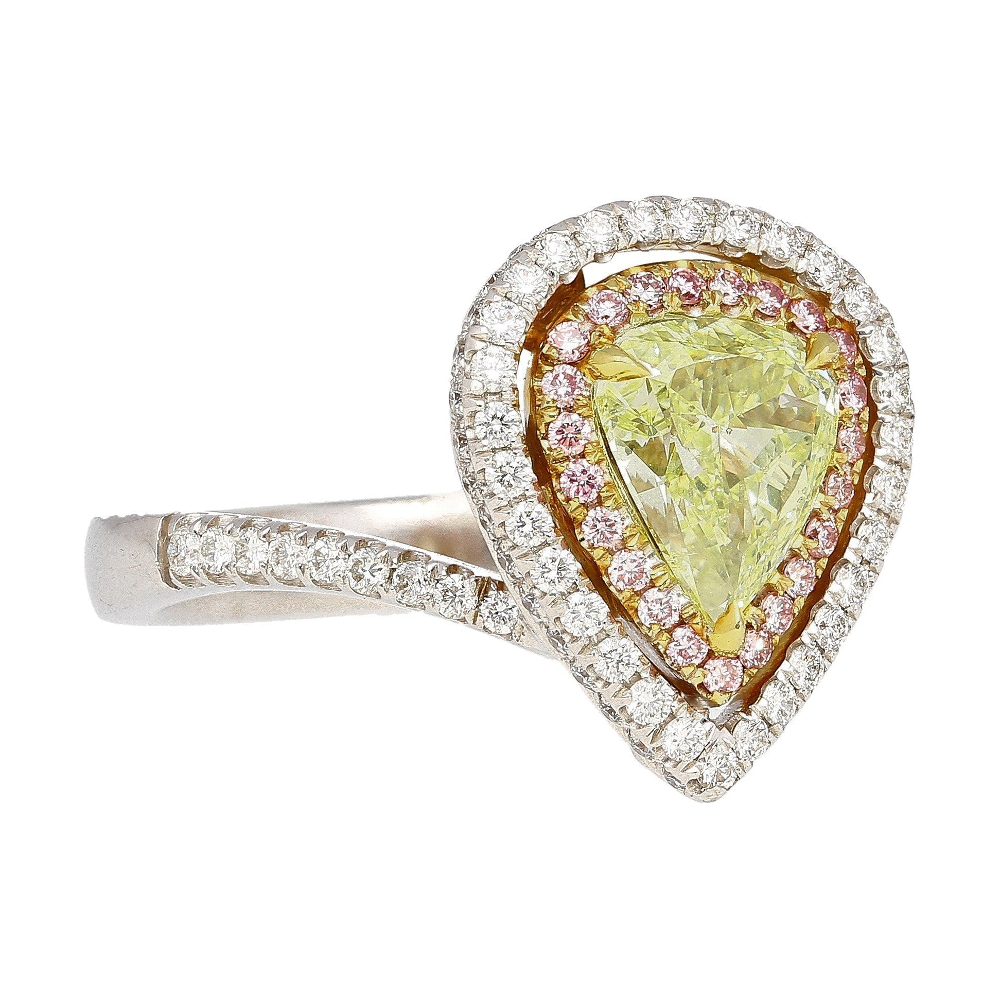 GIA 1.25CT Pear Cut Fancy Green Yellow Diamond 18K Tri-Colored Gold Bypass Ring