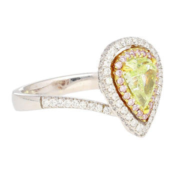 GIA 1.25CT Pear Cut Fancy Green Yellow Diamond 18K Tri-Colored Gold Bypass Ring – Assay Jewelers
