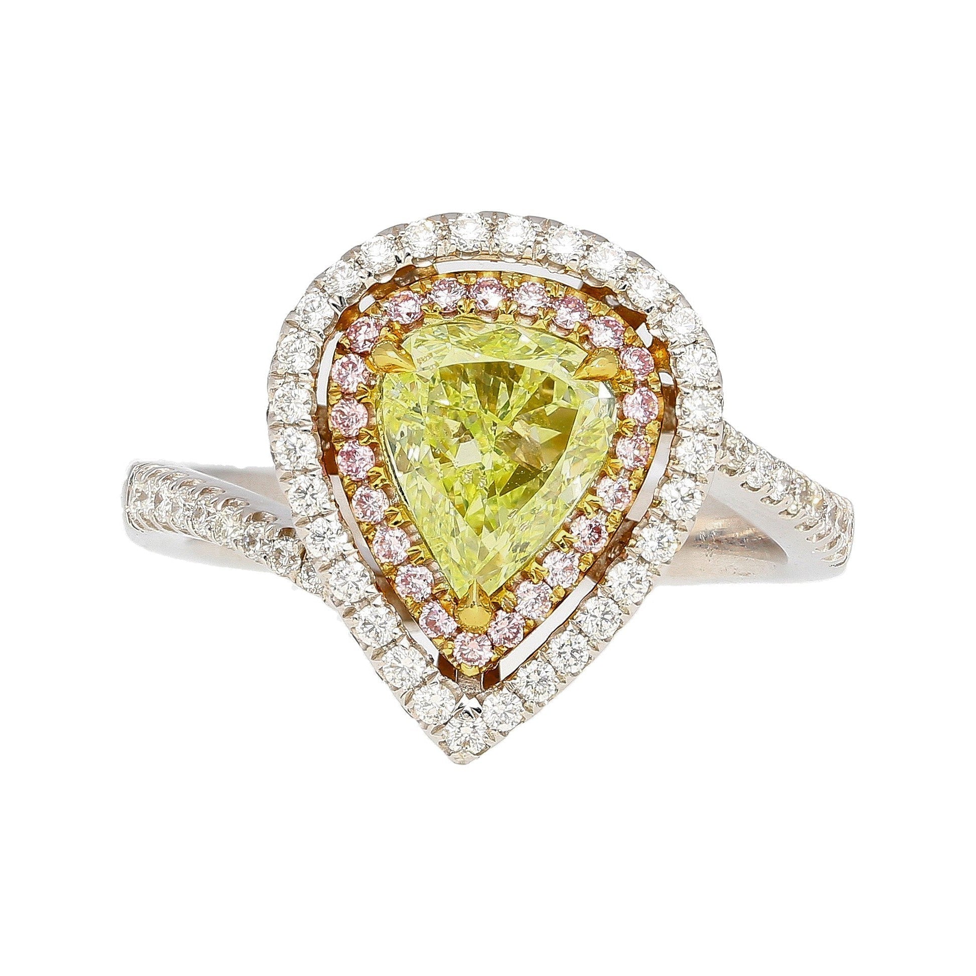 GIA 1.25CT Pear Cut Fancy Green Yellow Diamond 18K Tri-Colored Gold Bypass Ring