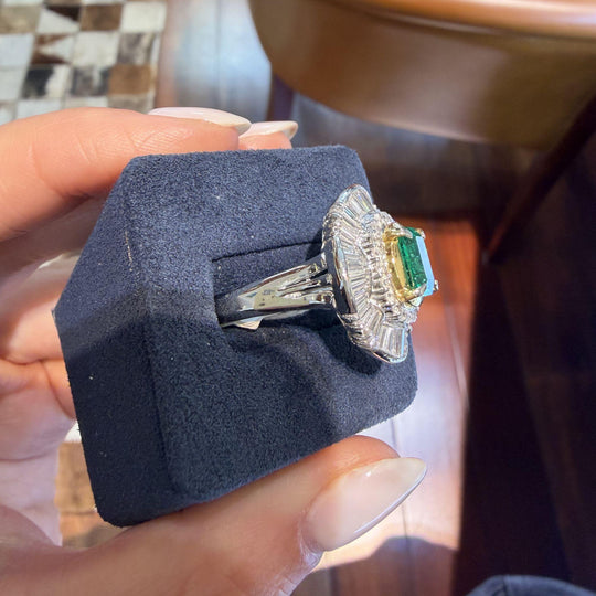 GIA 1.38 Carat Emerald Cut Colombian Emerald & Diamond Platinum Ballerina Ring