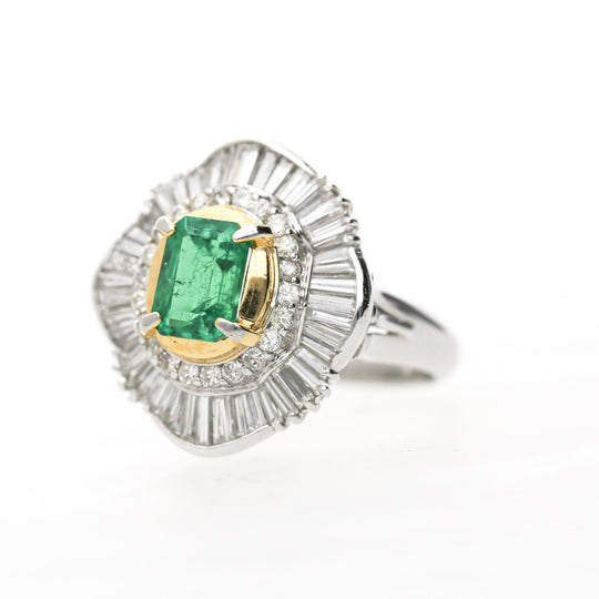 GIA 1.38 Carat Emerald Cut Colombian Emerald & Diamond Platinum Ballerina Ring