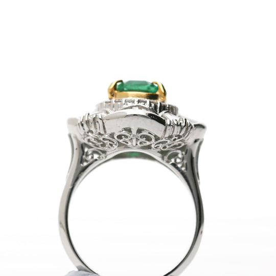 GIA 1.38 Carat Emerald Cut Colombian Emerald & Diamond Platinum Ballerina Ring