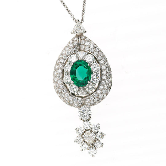 GIA 2.53 Carat No Oil Emerald & 5 Carat Diamond Platinum Drop Pendant
