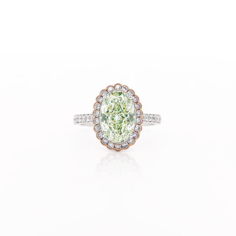GIA 3.3 Carat Fancy Green-Yellow Oval Diamond Halo 18K Gold Ring