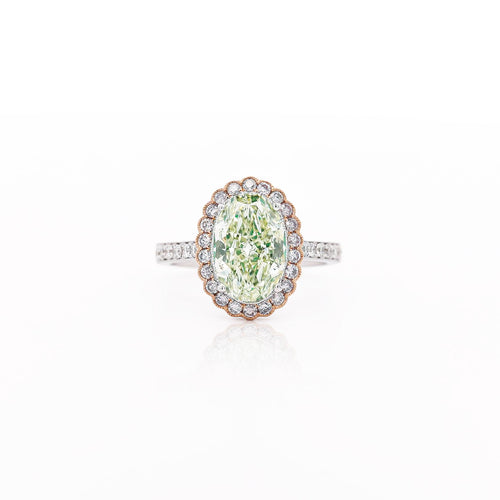 GIA 3.3 Carat Fancy Green-Yellow Oval Diamond Halo 18K Gold Ring