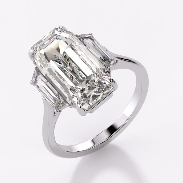 GIA 6.16 Carat Emerald Cut Diamond and Trapezoid Three Stone Engagement Ring