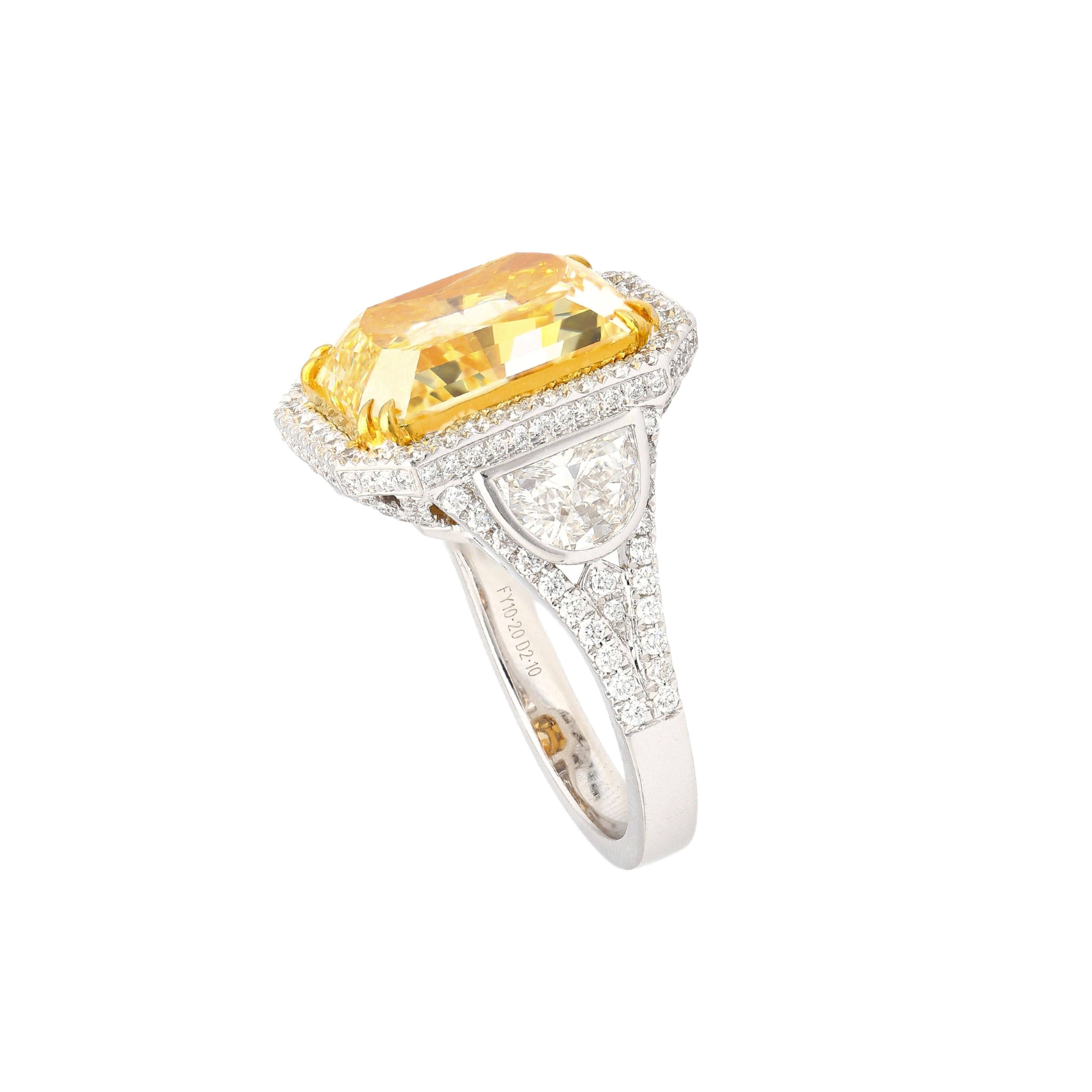 GIA Cert. 10.20 Carat Radiant Fancy Intense Yellow & Half Moon Cut Diamond Ring-Rings-ASSAY