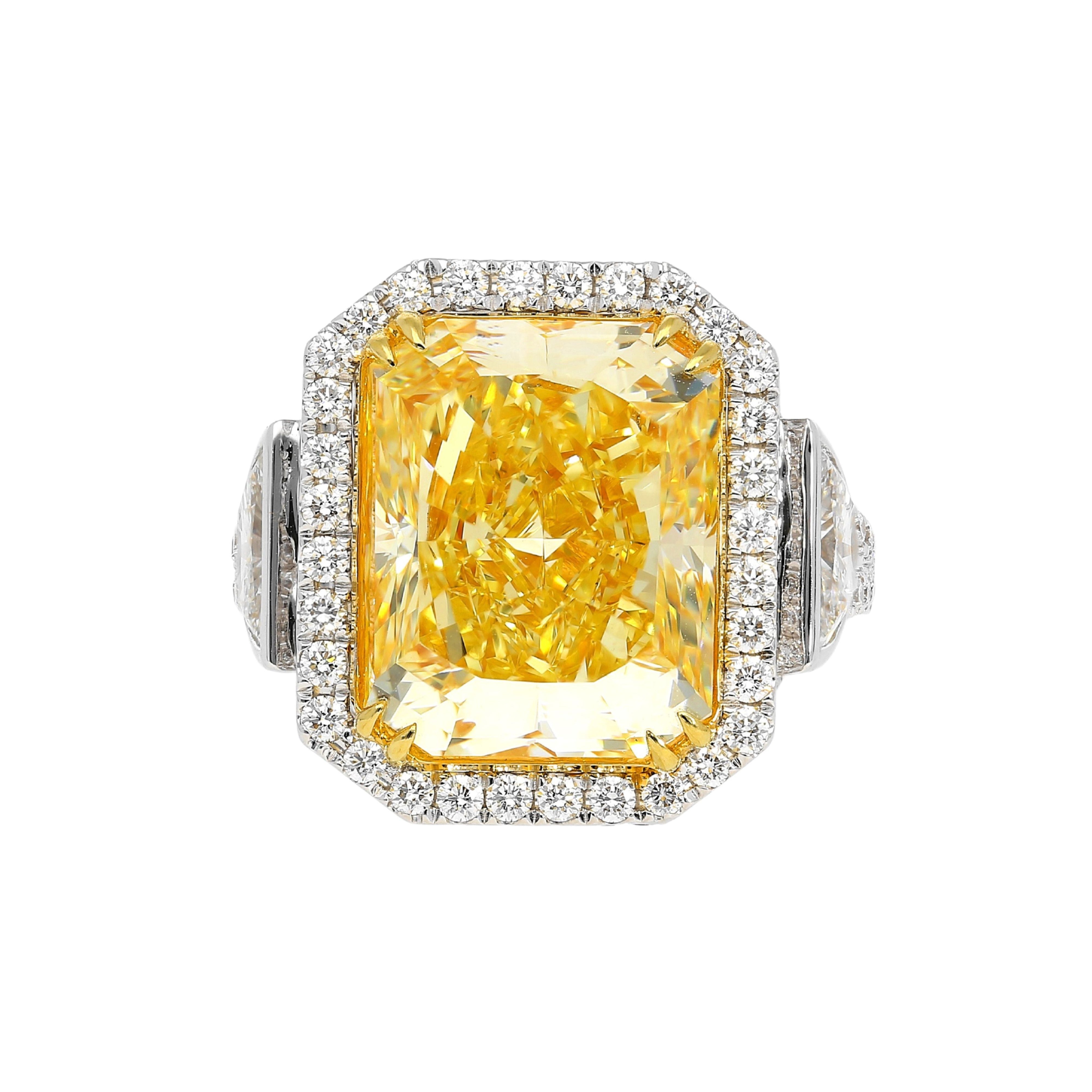 GIA Cert. 10.20 Carat Radiant Fancy Intense Yellow & Half Moon Cut Diamond Ring-Rings-ASSAY