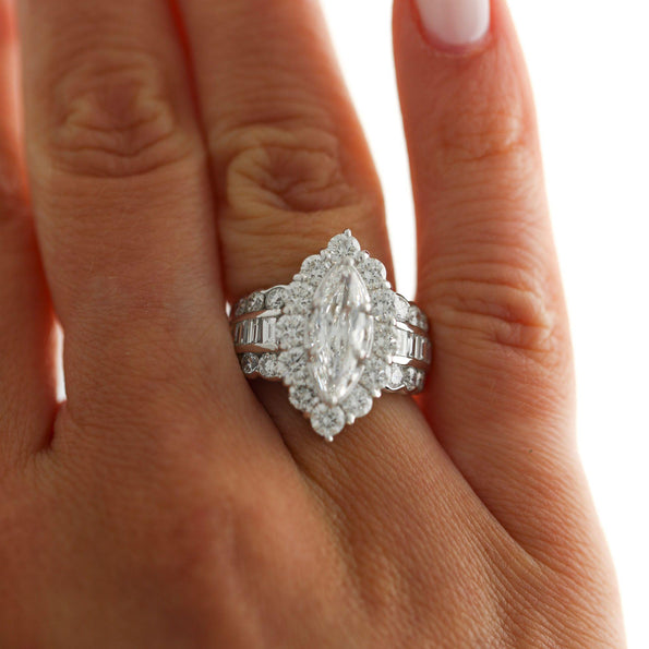 GIA Cert. 1.50 Marquise Diamond E/VS2 Cluster Halo Platinum Band Cocktail Ring