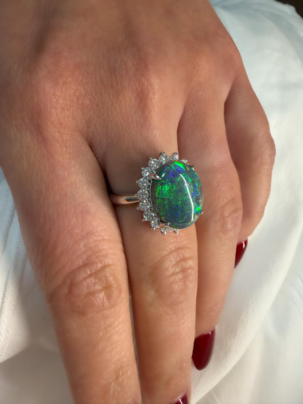 GIA Cert. 5.10 Carat Untreated Black Opal Diamond Halo Platinum Starburst Ring