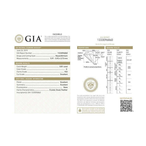 Bague de fiançailles en diamant taille ronde 0.81 carat G/VS2 certifiée GIA