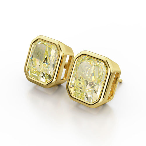 GIA Certified 10.52 Carat Fancy Light Yellow Diamond 18K Gold Bezel Stud Earring