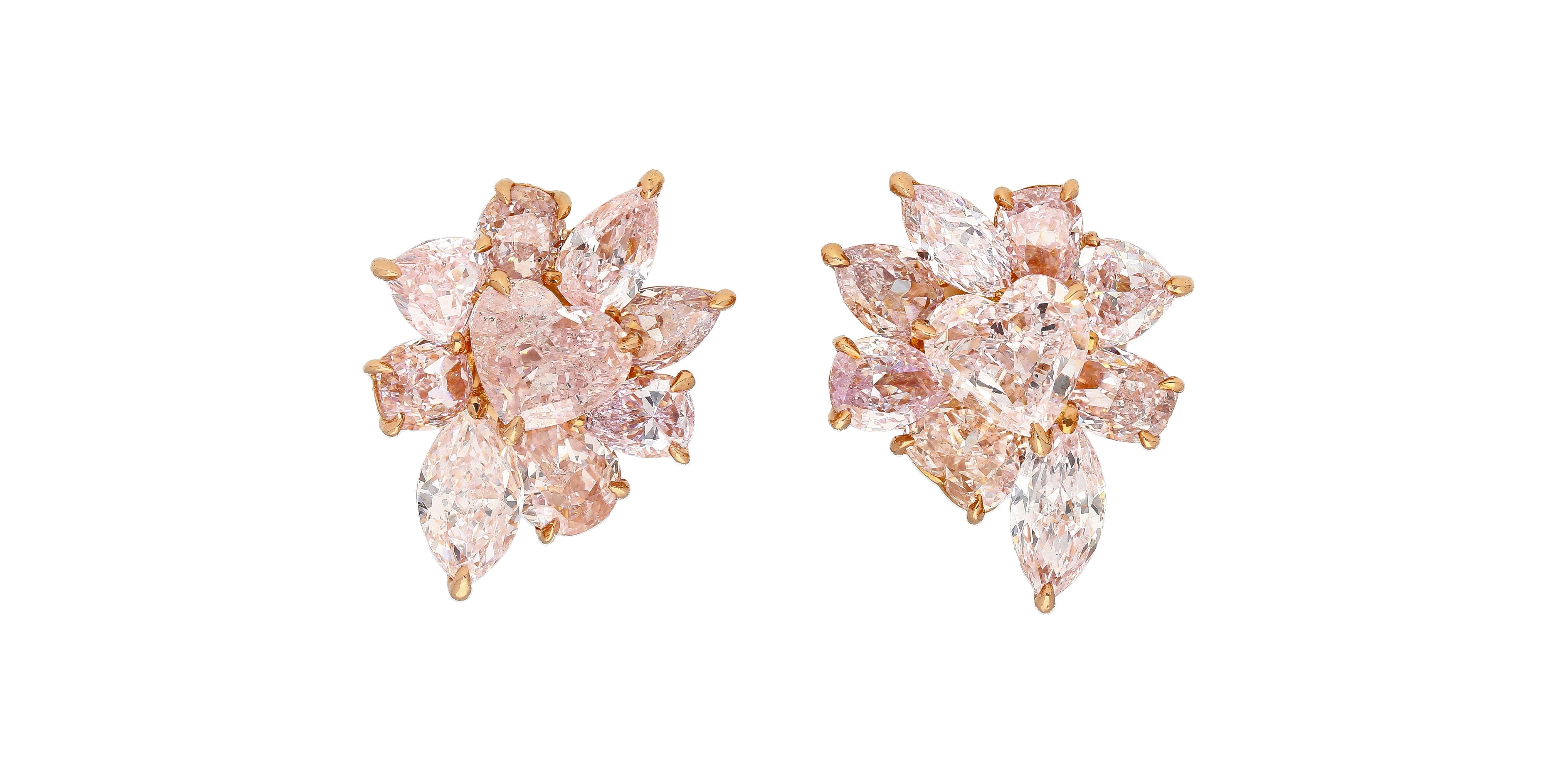 GIA Certified 10.78 Carat Heart Cut Pink Diamond Cluster Stud Earrings in 18k