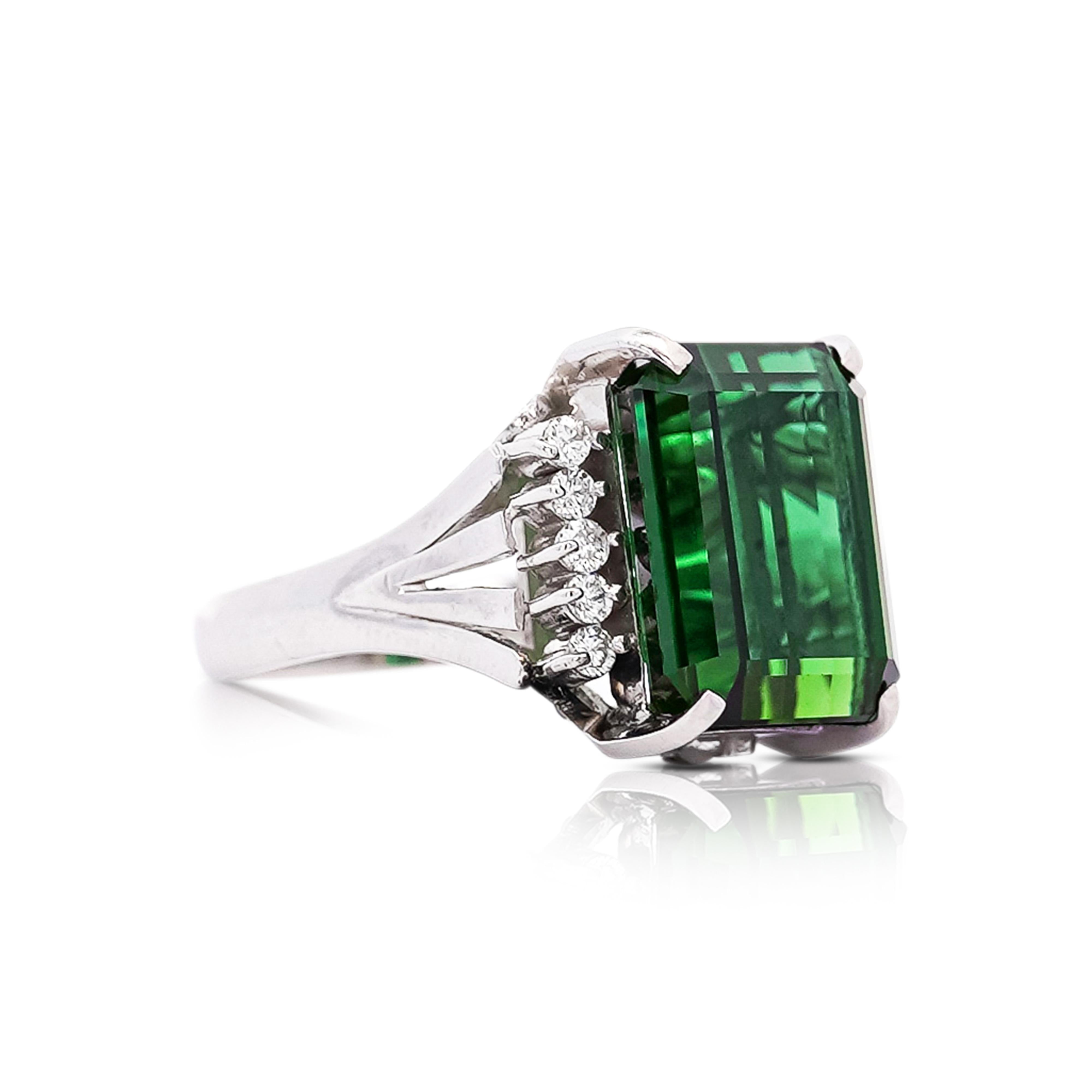 GIA Certified 11.22 Carat Green Tourmaline and Diamond Platinum Filigree Ring
