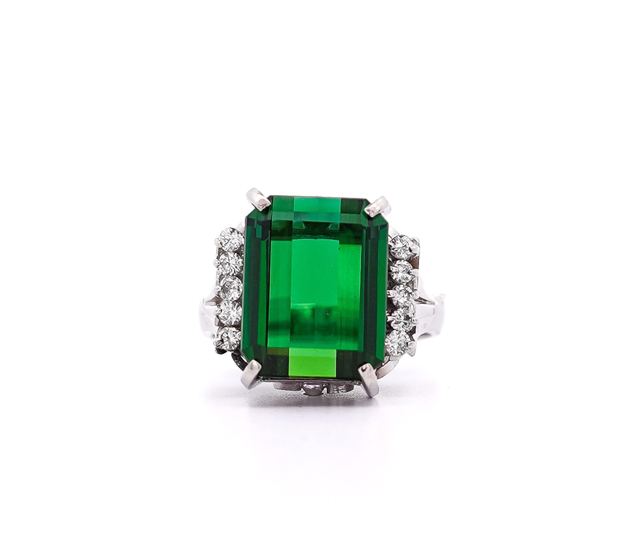 GIA Certified 11.22 Carat Green Tourmaline and Diamond Platinum Filigree Ring