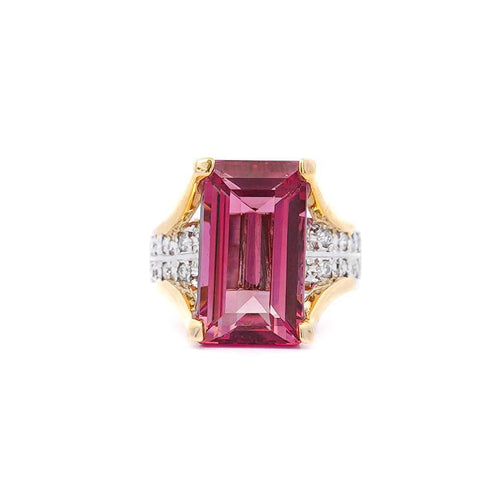 GIA Certified 15.07 Carat Emerald Cut Pink Tourmaline and Diamond Ring