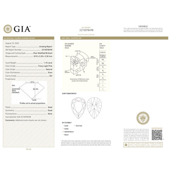 GIA Certified 1.10 Carat Fancy Light Pink Pear Cut Diamond Loose