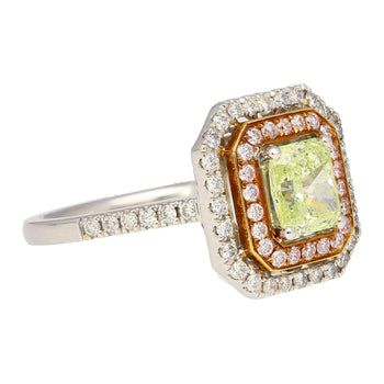GIA Certified 1.12 carat Radiant Cut Fancy Light Green-Yellow Diamond and Diamond Halo Ring – Assay Jewelers